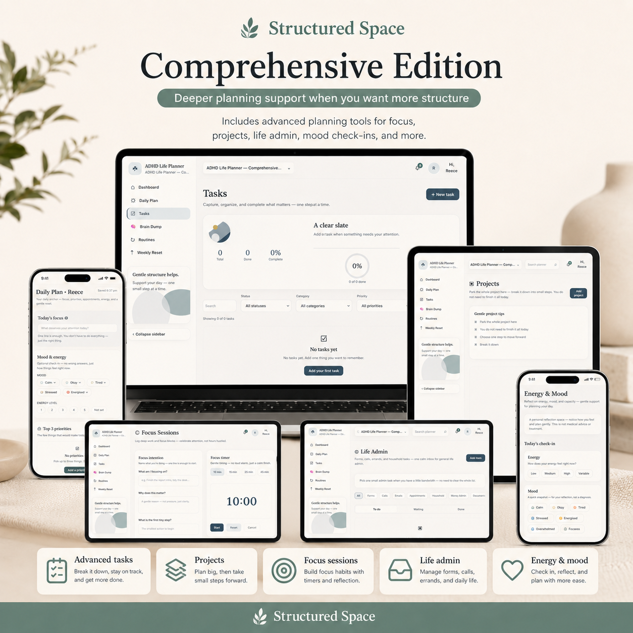 ADHD Life Planner Web App — task management and brain dump section for ADHD adults