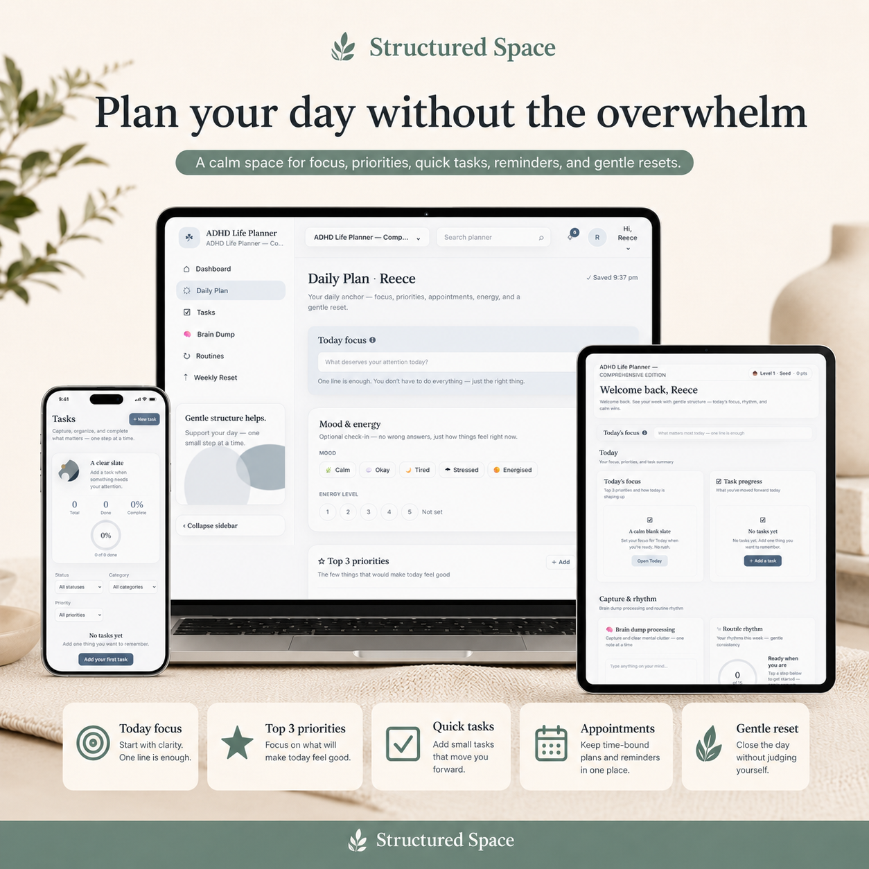 ADHD Life Planner Web App — weekly planner view designed with executive dysfunction in mind
