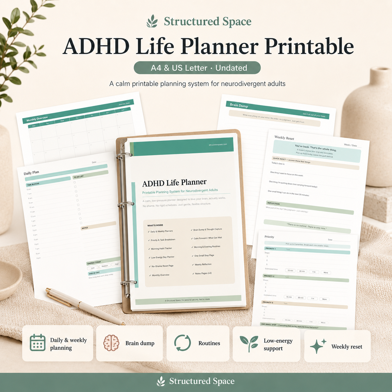 ADHD Life Planner printable PDF — calm adult planner design with clear spacing and dyslexia-conscious layout