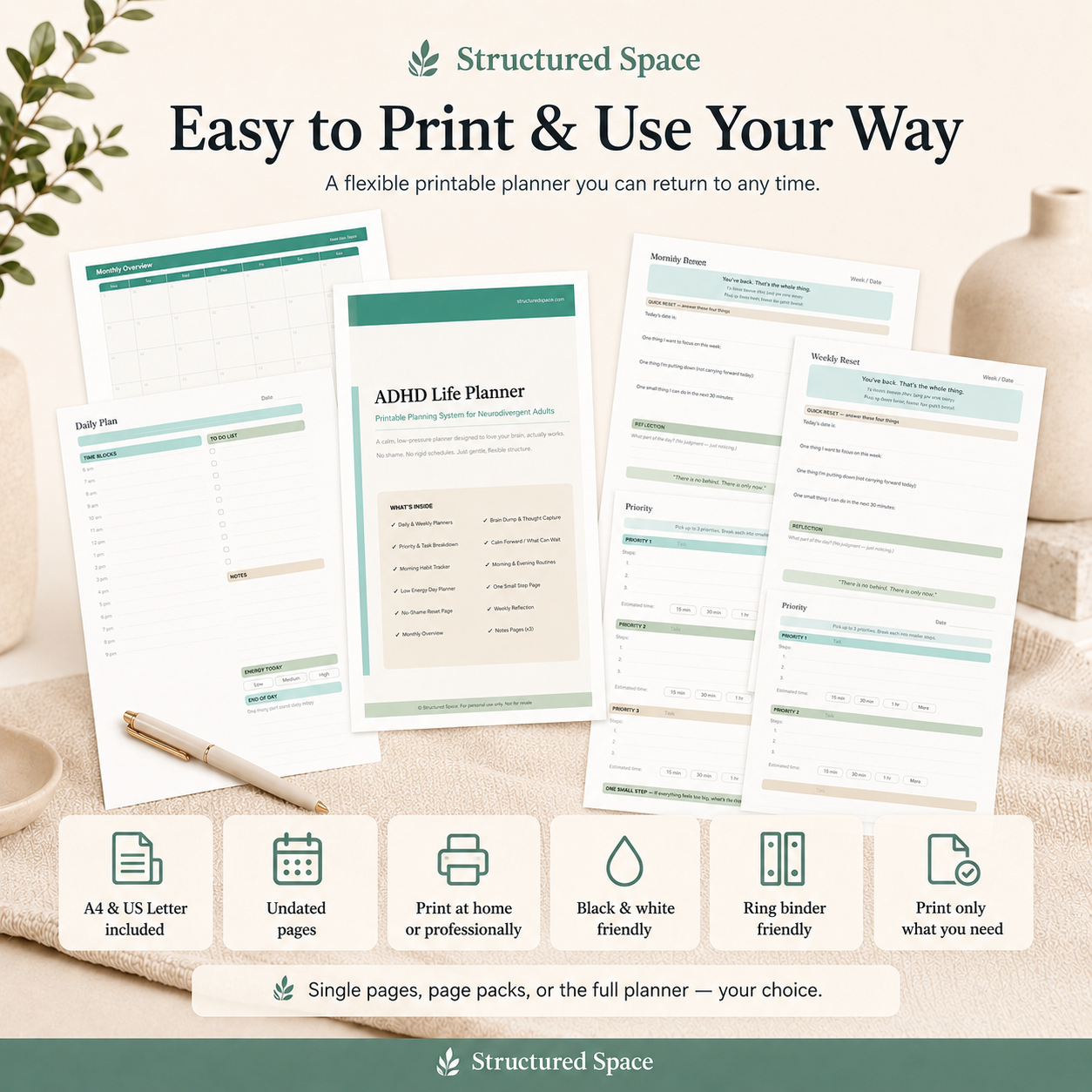 ADHD Life Planner PDF — weekly planner view with low-overwhelm layout and clear sections