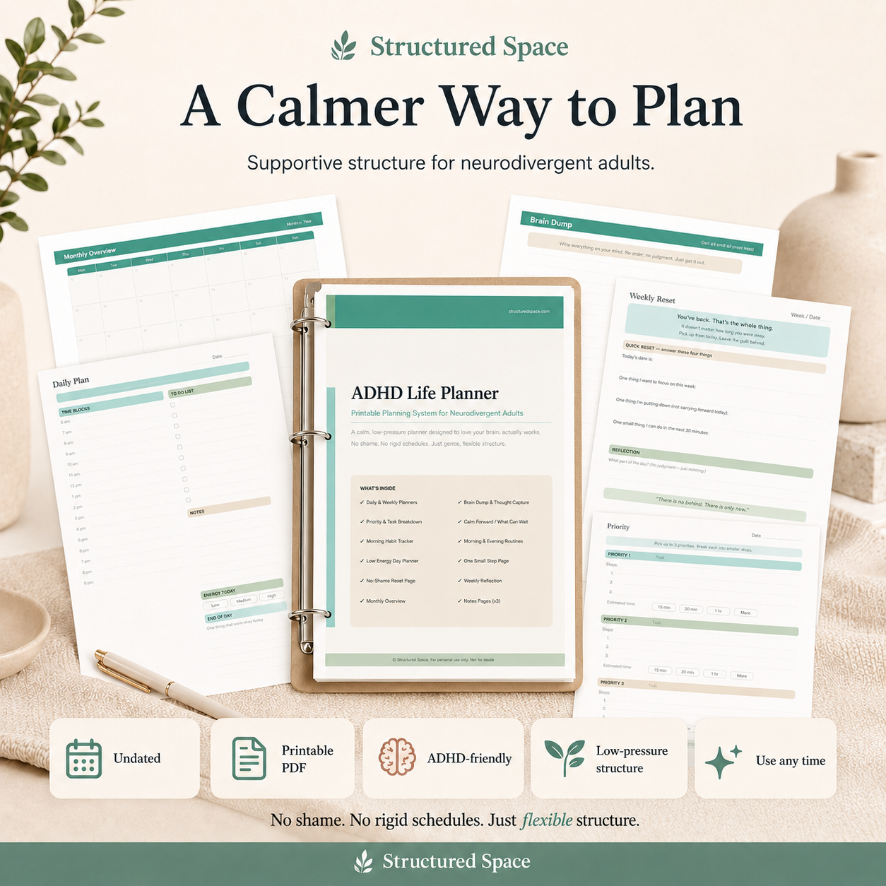 ADHD Life Planner printable PDF by Structured Space — calm planner for adults with ADHD-friendly daily and weekly pages