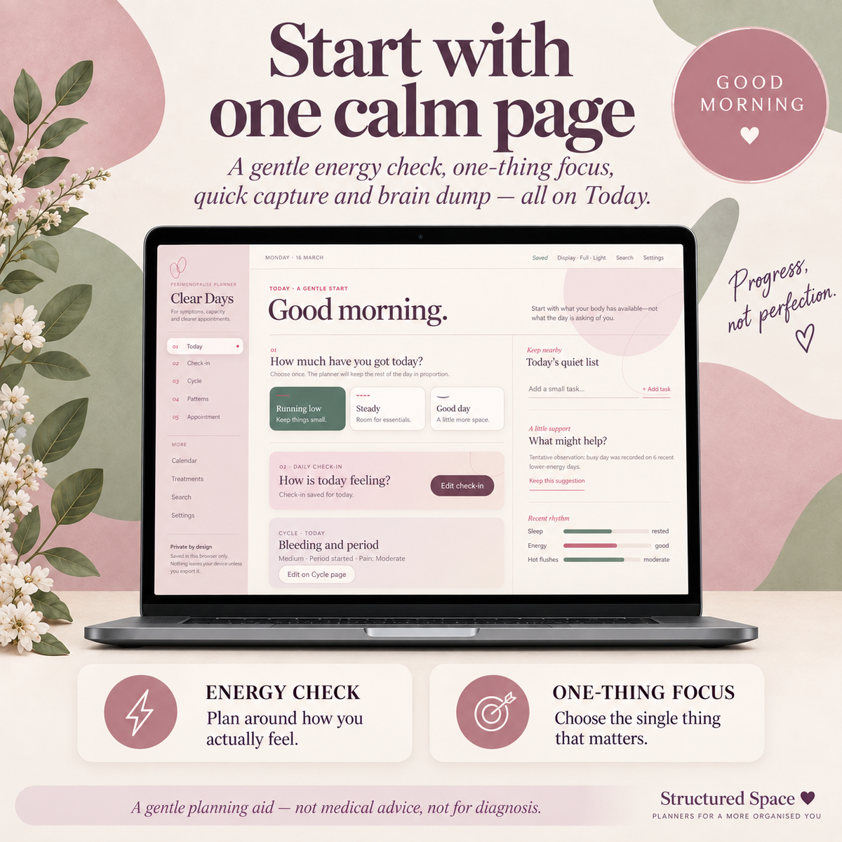 Clear Days planner cycle notes and perimenopause check-in features