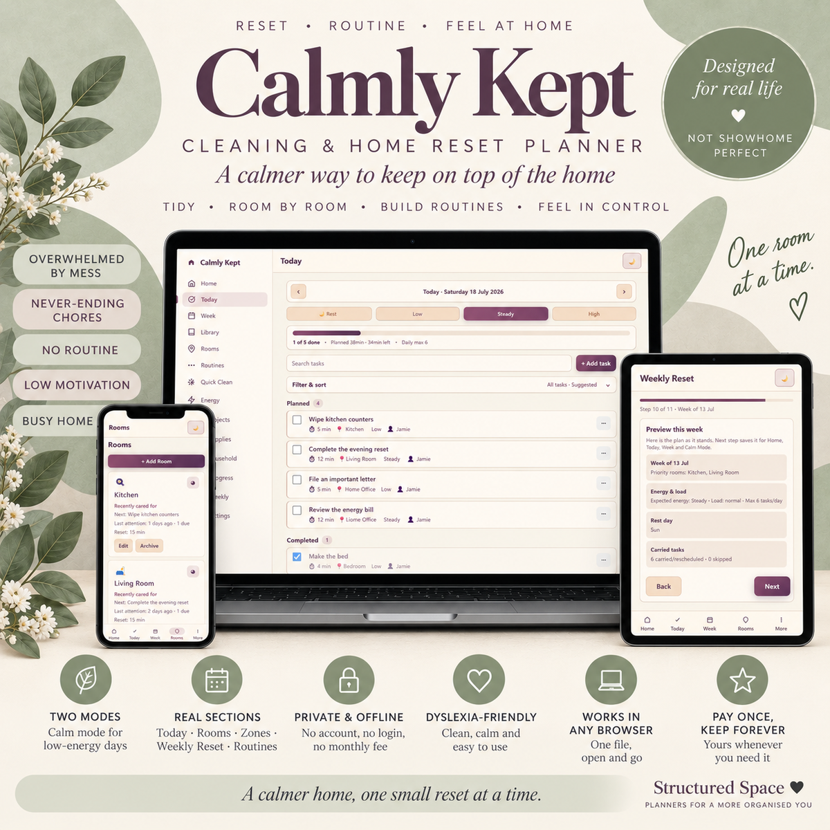 Calmly Kept — ADHD Cleaning Planner | Energy-Based Home Reset That Works on Low Days | No App, No Subscription