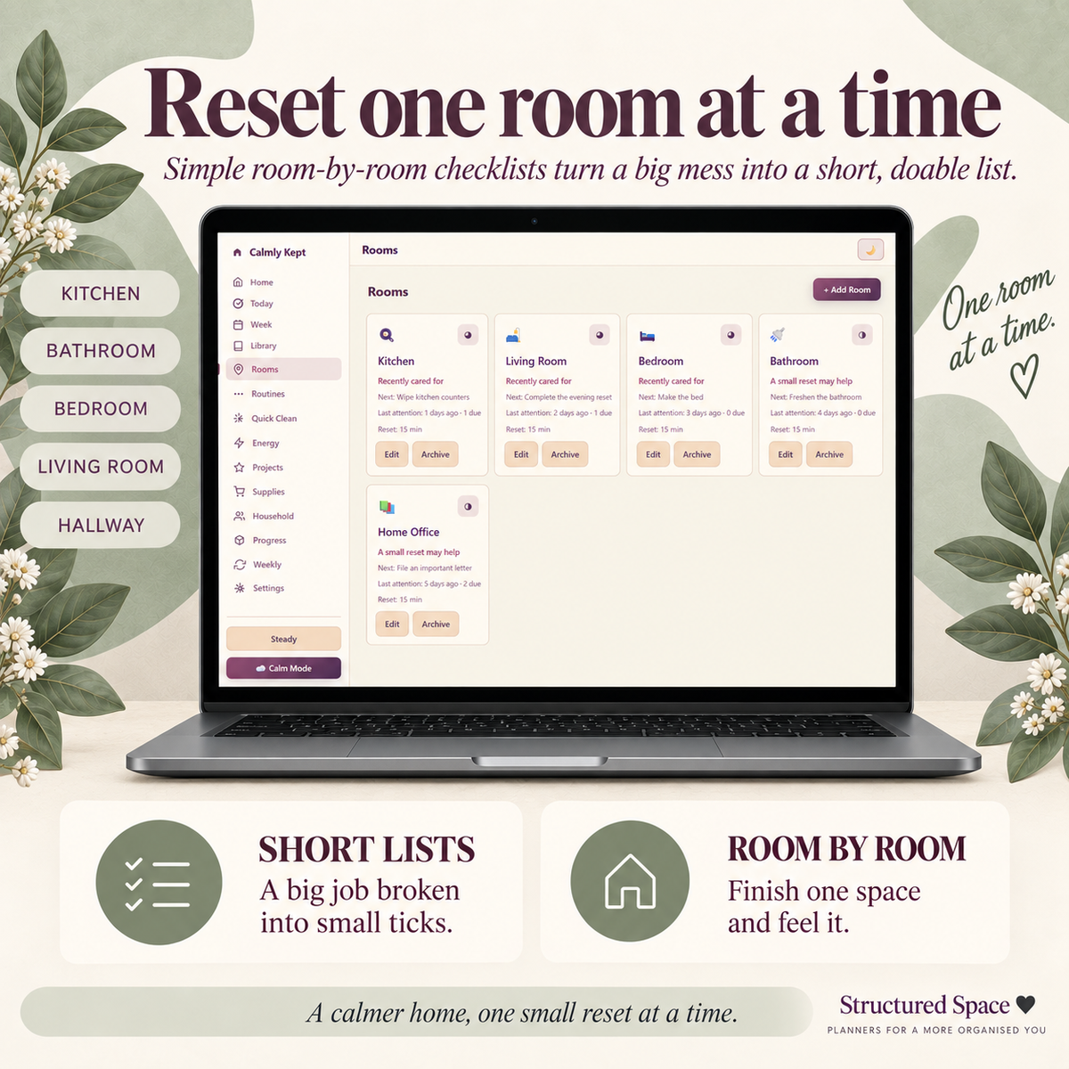 Calmly Kept — ADHD Cleaning Planner | Energy-Based Home Reset That Works on Low Days | No App, No Subscription