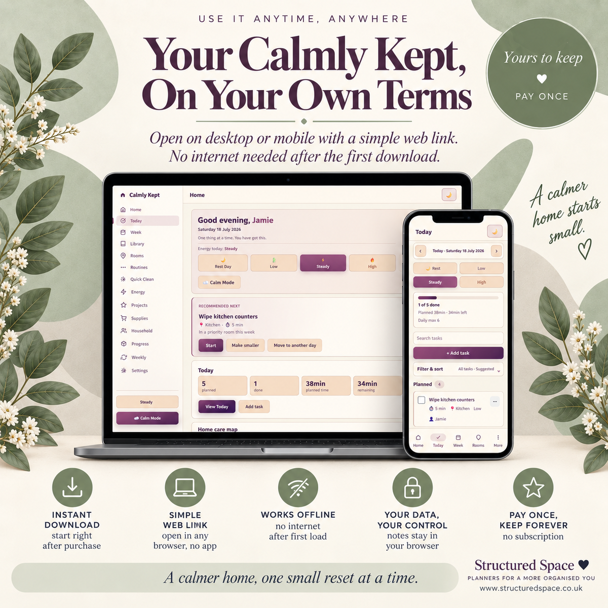 Calmly Kept — ADHD Cleaning Planner | Energy-Based Home Reset That Works on Low Days | No App, No Subscription