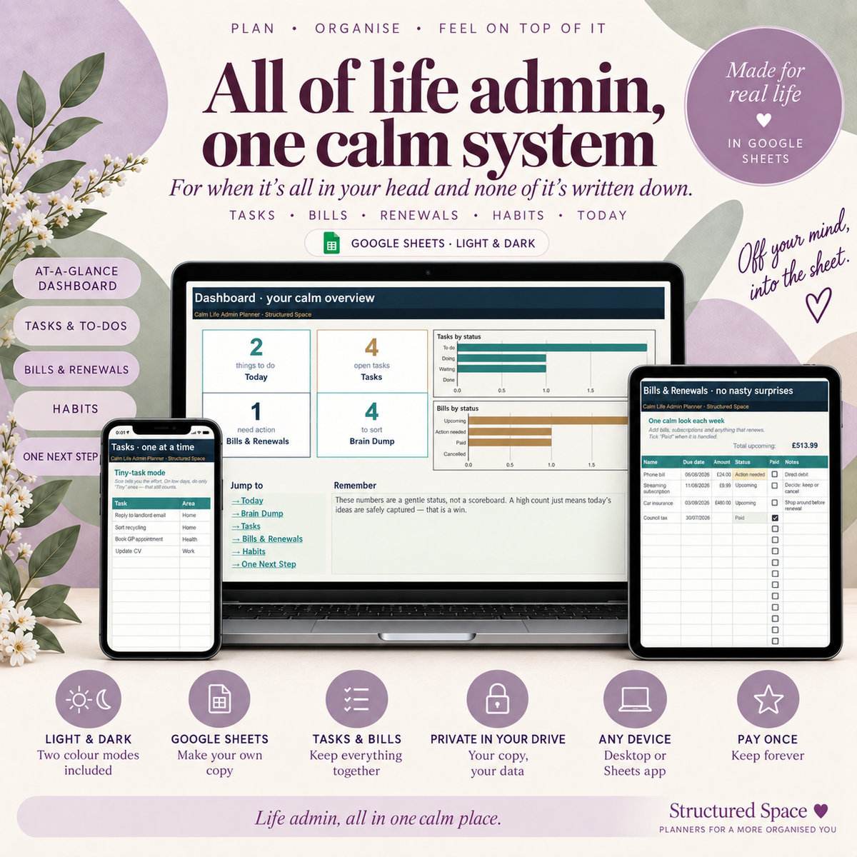 Calm Life Admin Planner for Google Sheets | Gentle, Comprehensive, Light & Dark