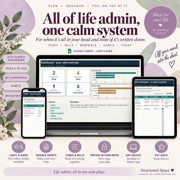 Calm Life Admin Google Sheets Planner product overview