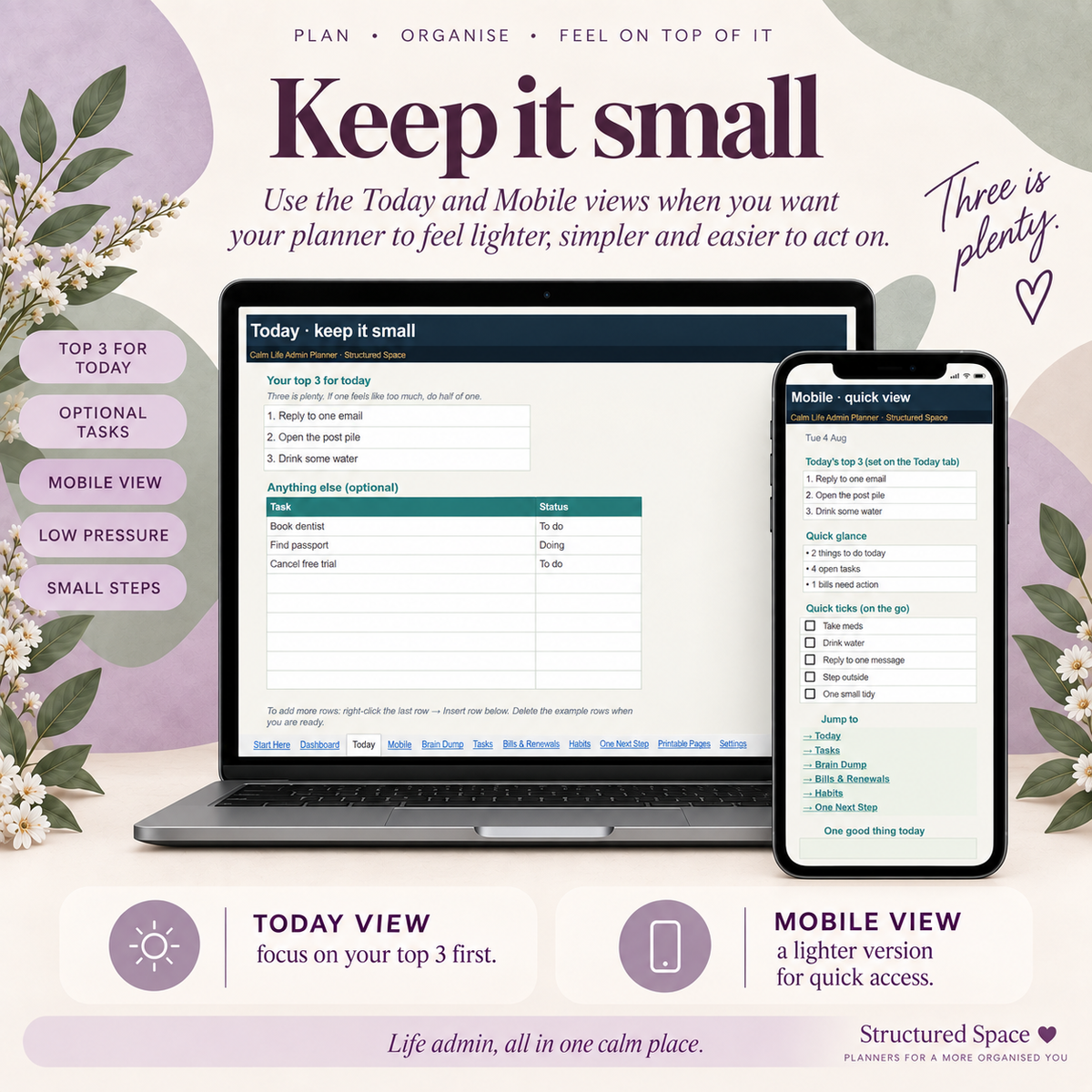 Calm Life Admin Planner for Google Sheets | Gentle, Comprehensive, Light & Dark