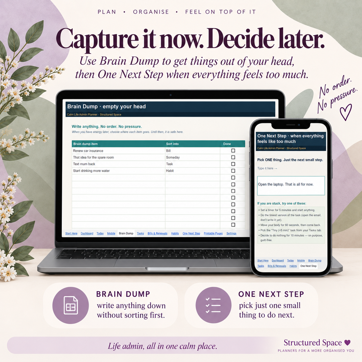 Calm Life Admin Planner for Google Sheets | Gentle, Comprehensive, Light & Dark