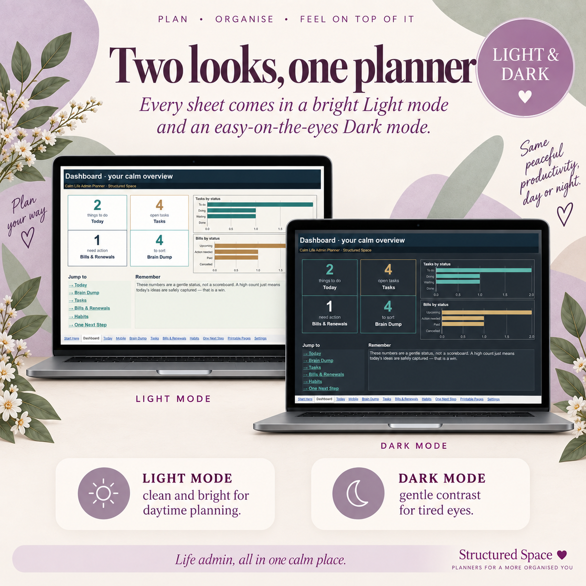 Calm Life Admin Planner for Google Sheets | Gentle, Comprehensive, Light & Dark