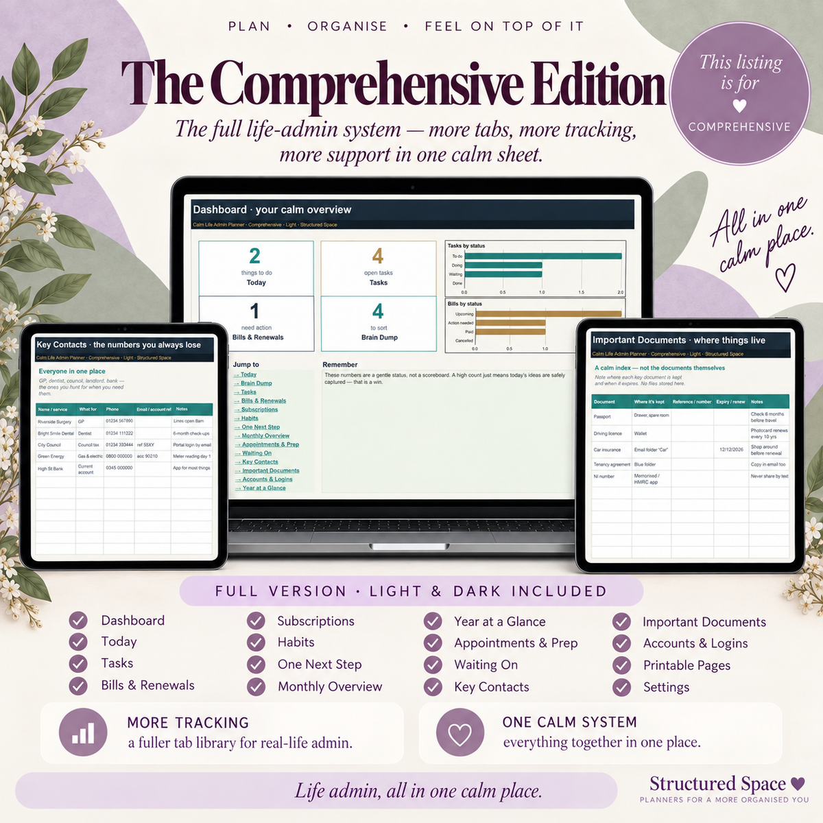 Calm Life Admin Planner for Google Sheets | Gentle, Comprehensive, Light & Dark