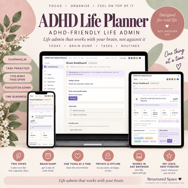 ADHD Life Admin Planner for adults browser-based digital planner preview