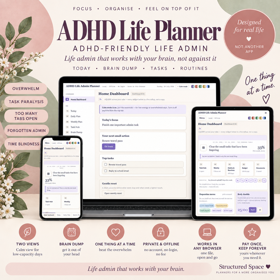ADHD Life Admin Planner for adults browser-based digital planner preview