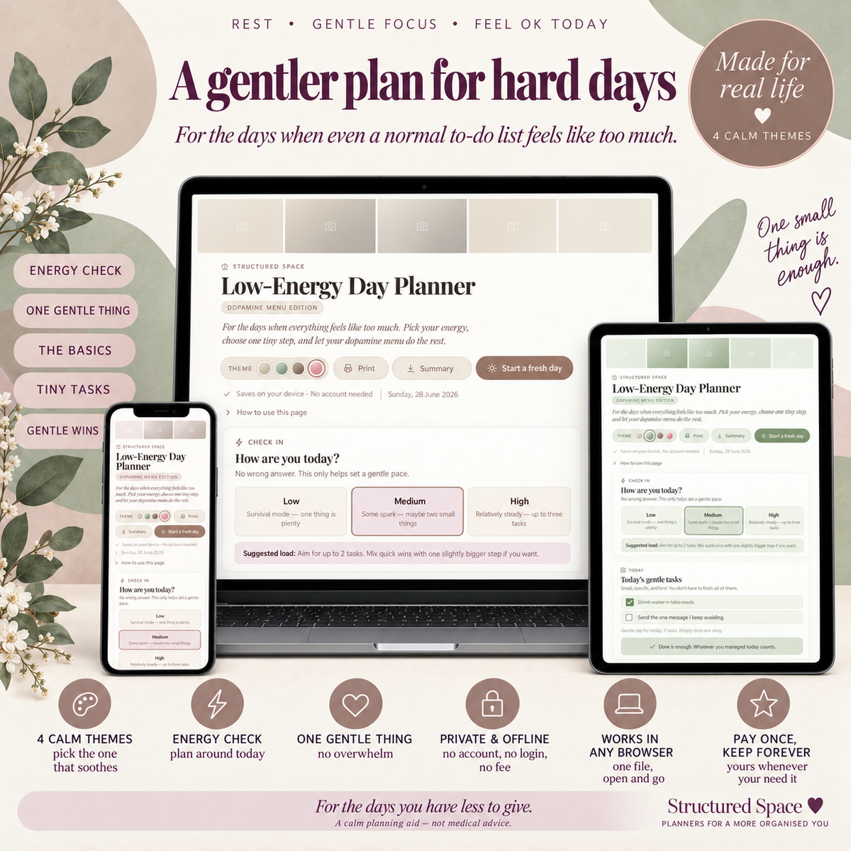 Low-Energy Day Planner — Dopamine Menu Edition | Gentle Digital ADHD Planner