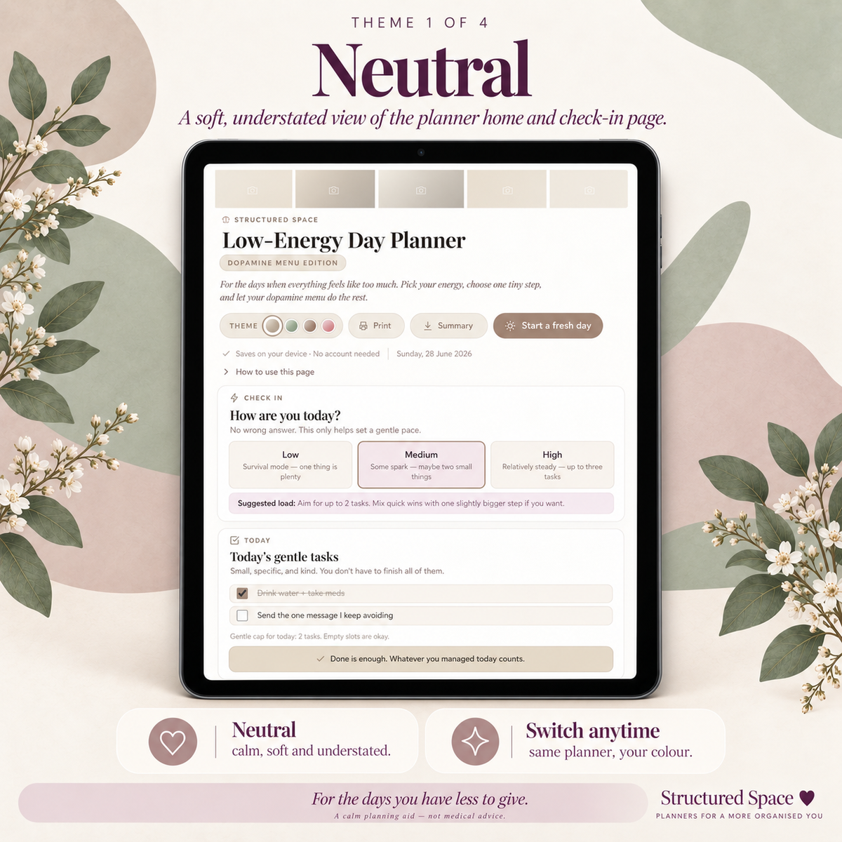 Low-Energy Day Planner — Dopamine Menu Edition | Gentle Digital ADHD Planner