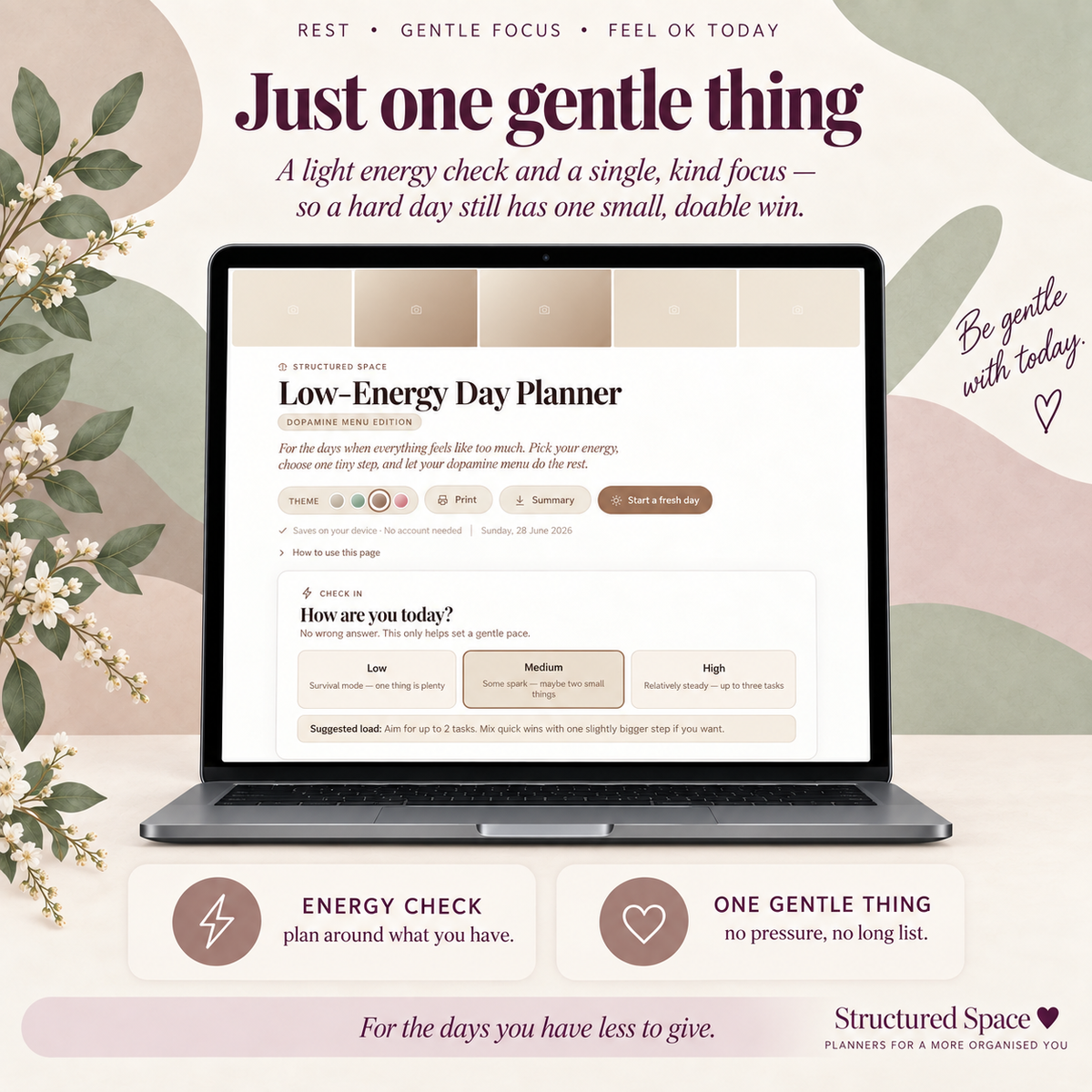 Low-Energy Day Planner — Dopamine Menu Edition | Gentle Digital ADHD Planner