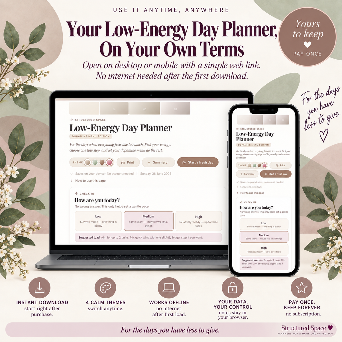 Low-Energy Day Planner — Dopamine Menu Edition | Gentle Digital ADHD Planner