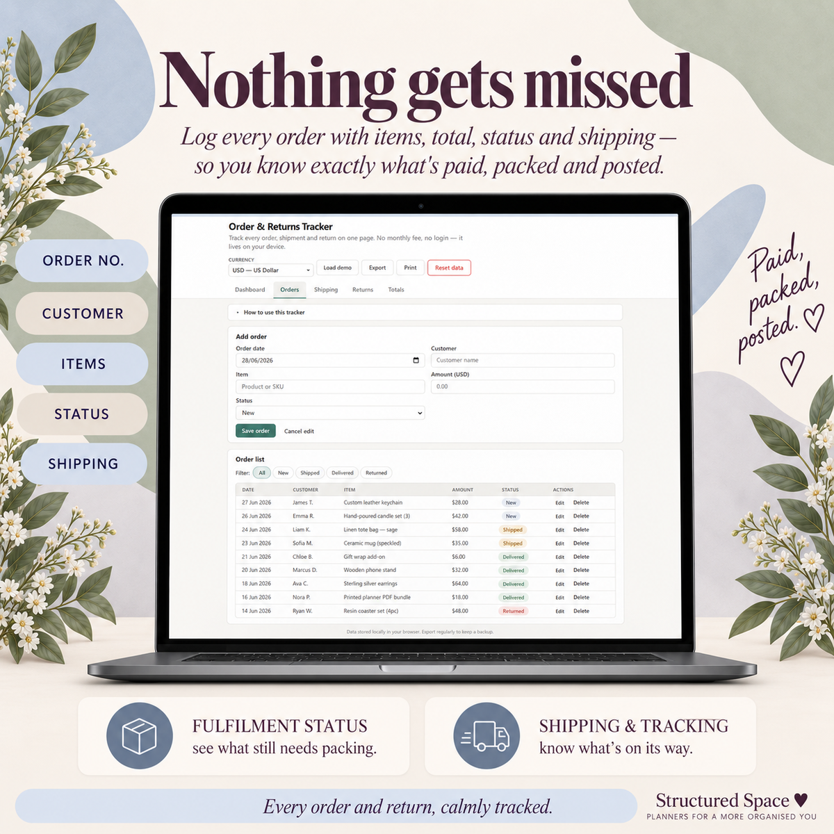 Small Business Order & Returns Tracker | Digital Order, Shipping & Returns Dashboard for Sellers