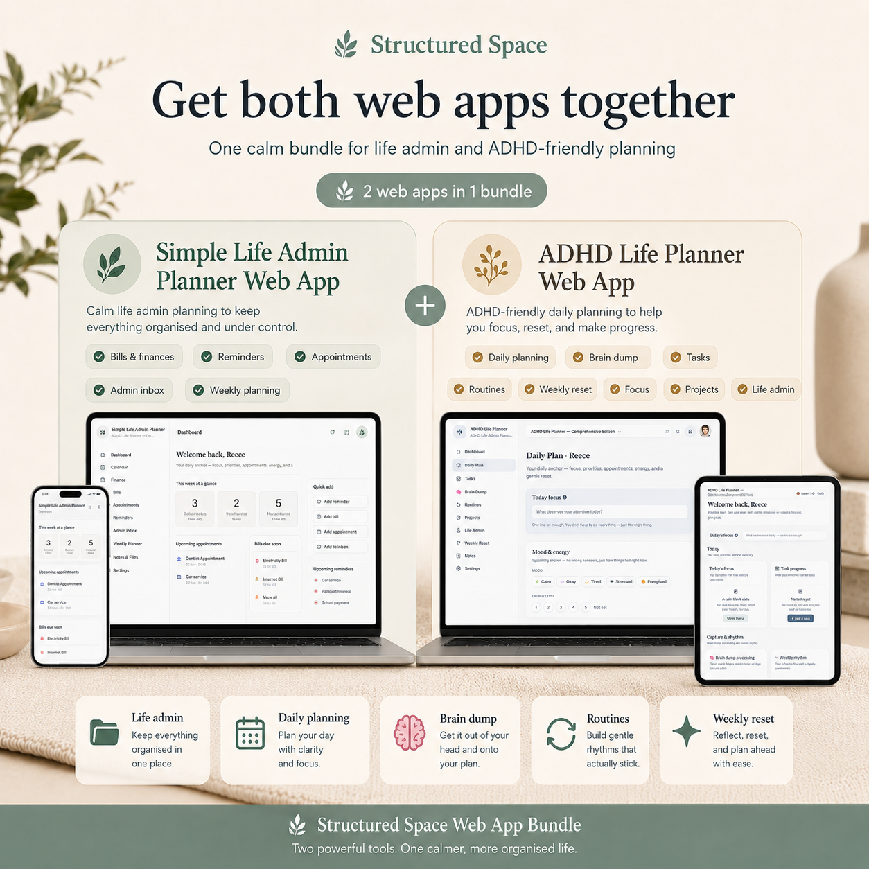 Structured Space Web App Bundle — Life Admin Planner and ADHD Life Planner web apps together at a bundle price