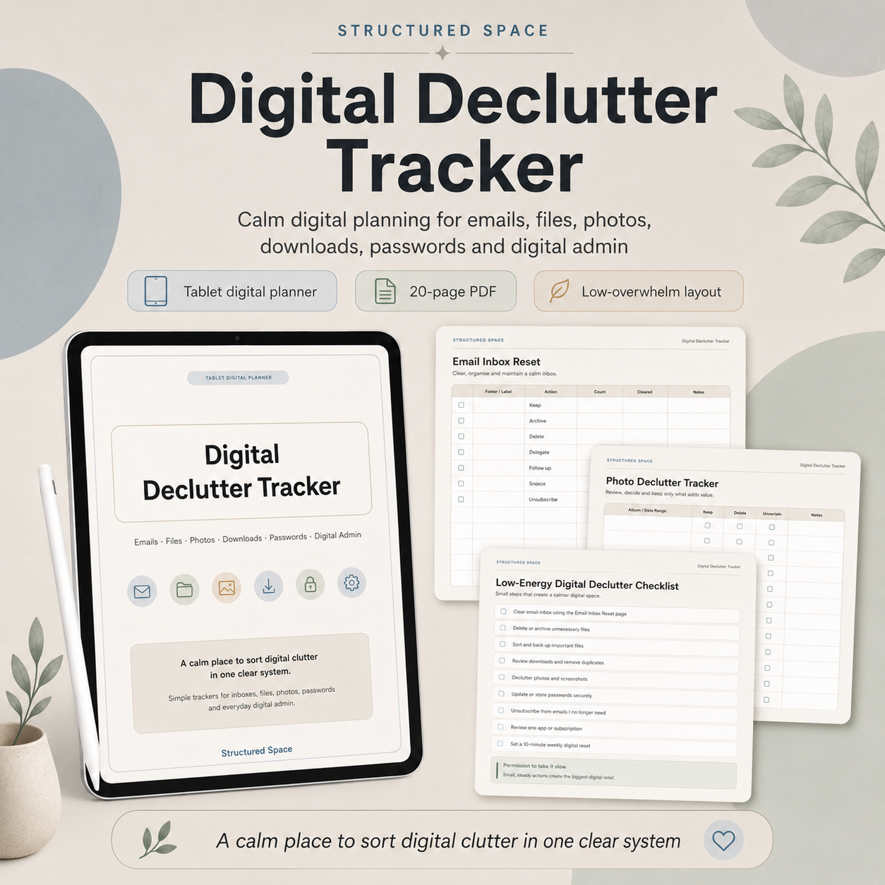 Digital Declutter Tracker by Structured Space, tablet digital planner and printable PDF for emails, files, photos, downloads, passwords and digital admin
