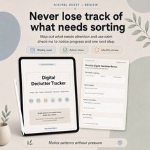 Digital Declutter Tracker listing image showing weekly reset, admin inbox and monthly review pages for digital clutter thumbnail