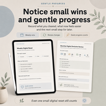 Digital Declutter Tracker listing image showing weekly wins and monthly review pages for noticing small wins and gentle progress thumbnail