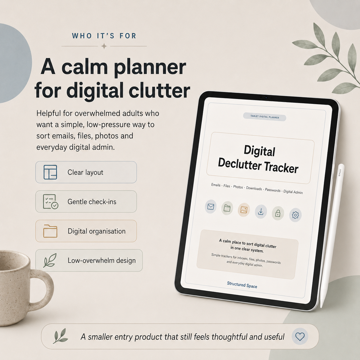 Digital Declutter Tracker listing image showing inbox clutter, files and folders, accounts and subscriptions tracking pages