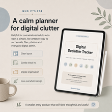 Digital Declutter Tracker listing image showing inbox clutter, files and folders, accounts and subscriptions tracking pages thumbnail