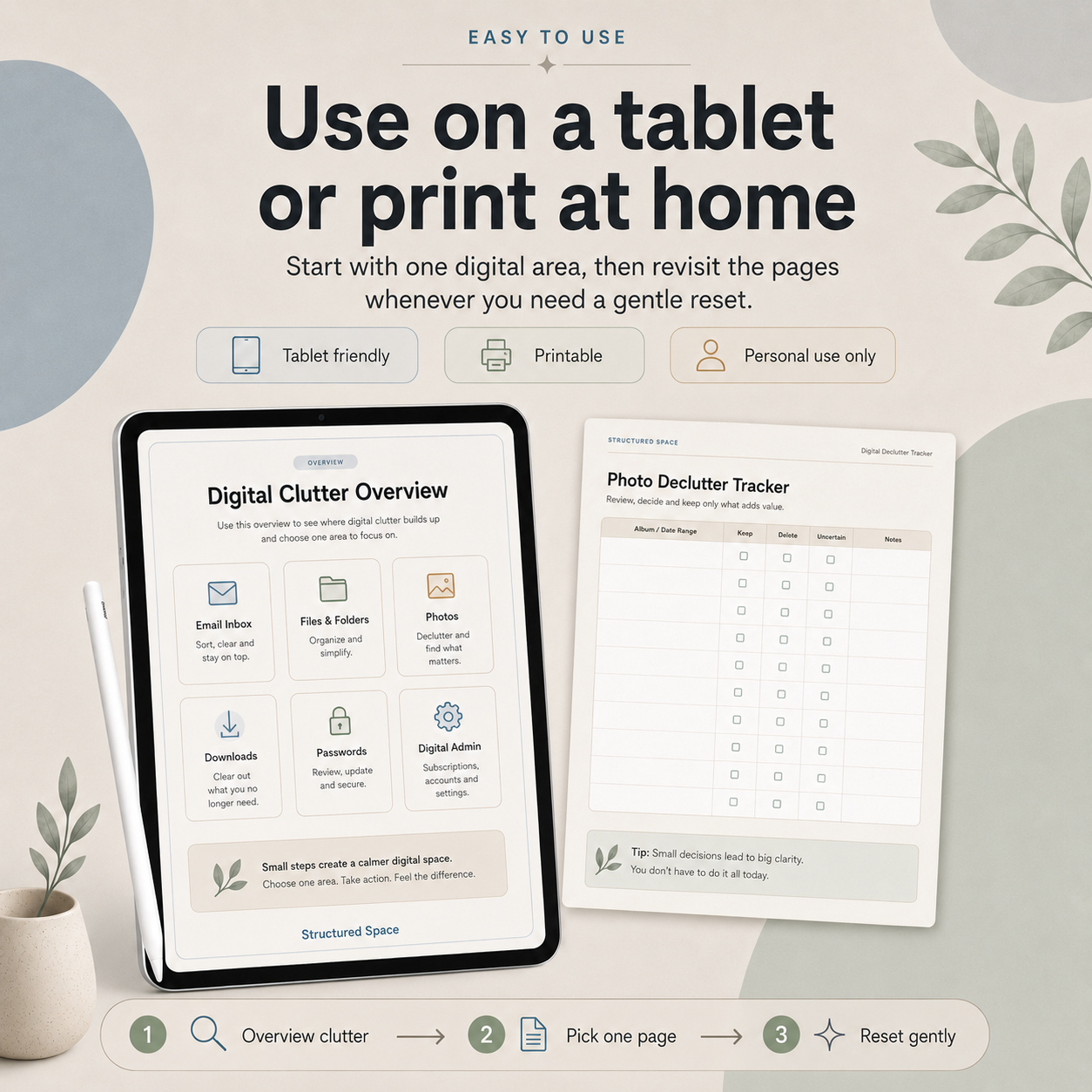 Digital Declutter Tracker listing image showing tablet friendly printable digital planner pages for digital clutter overview and photo declutter tracking