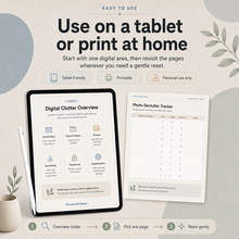 Digital Declutter Tracker listing image showing tablet friendly printable digital planner pages for digital clutter overview and photo declutter tracking thumbnail
