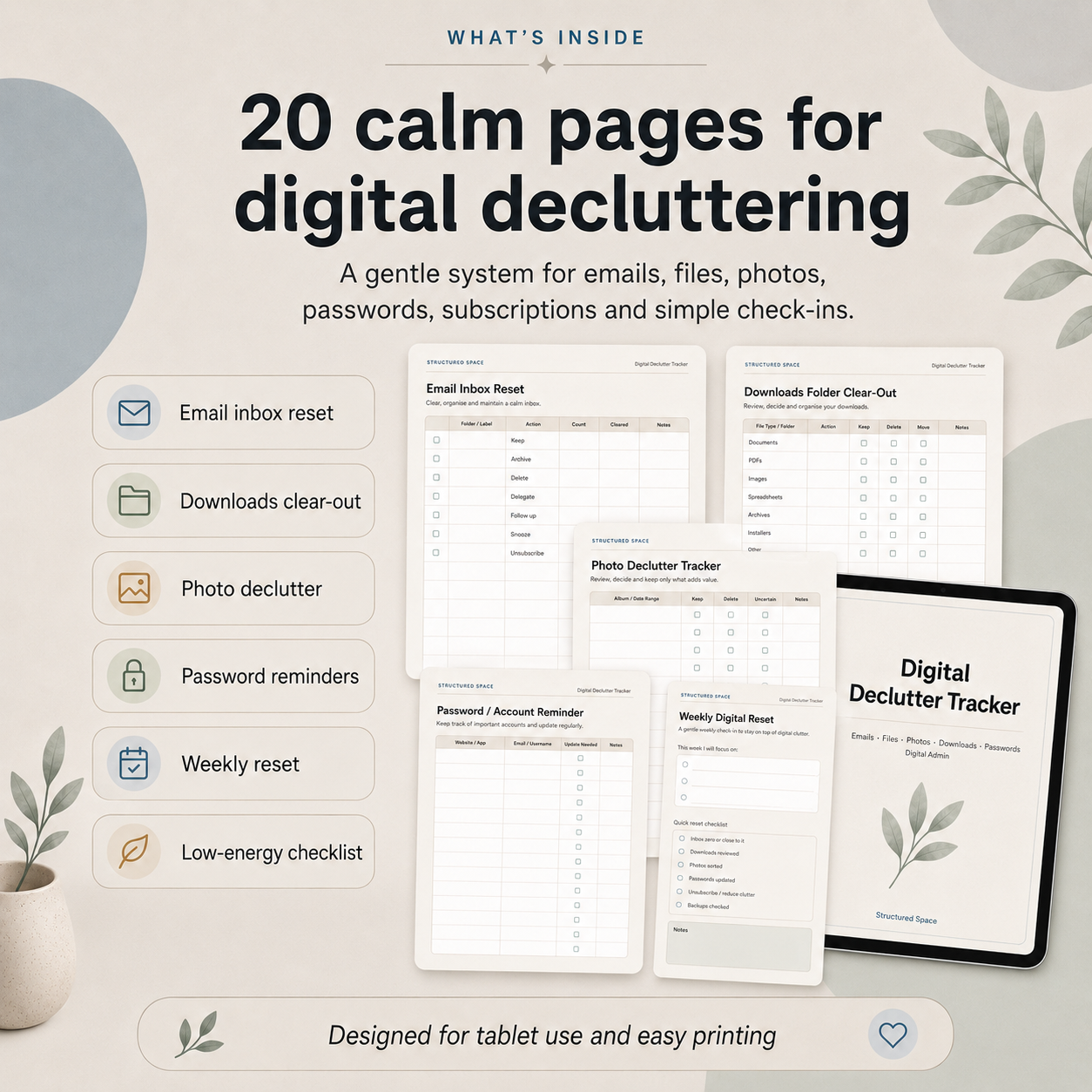 Digital Declutter Tracker what's inside listing image showing 20 calm pages for email inbox reset, downloads clear-out, photo declutter, password reminders and weekly reset