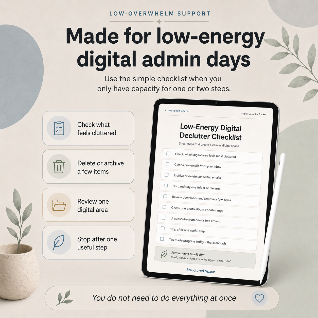 Digital Declutter Tracker listing image showing who it is for: clear layout, gentle check-ins, digital organisation and low-overwhelm design