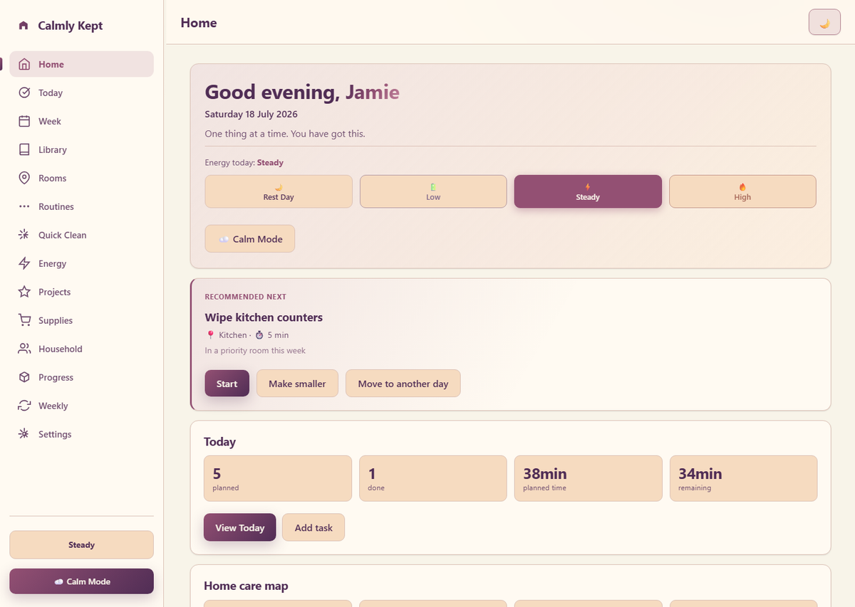 Calmly Kept home dashboard with energy picker and recommended next task