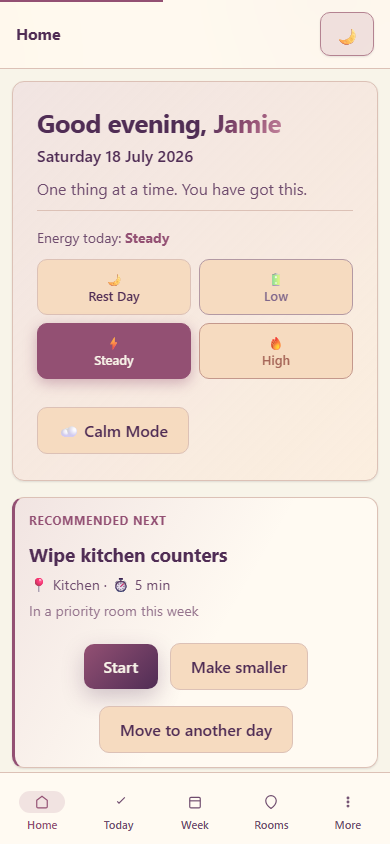 Calmly Kept mobile home screen with calm mode and recommended task
