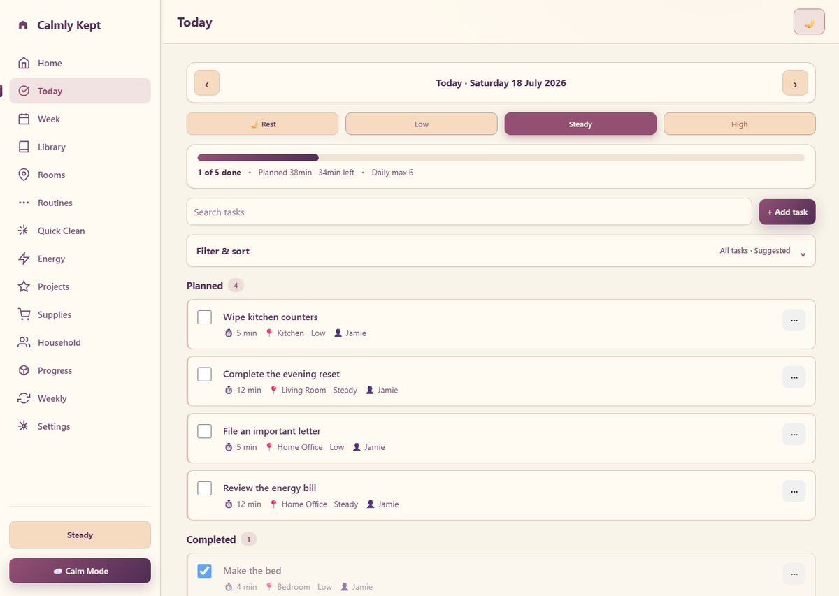 Calmly Kept Today view with planned cleaning tasks and energy levels
