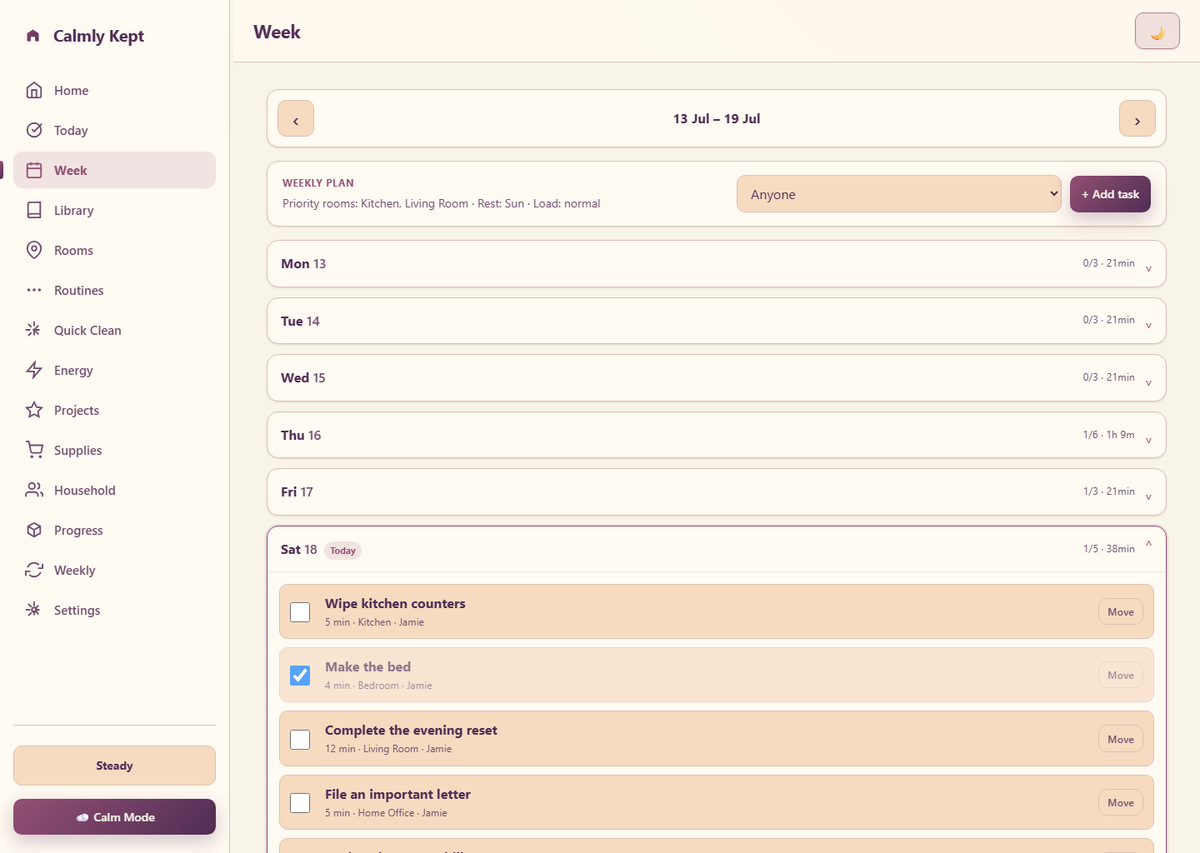 Calmly Kept Week view with daily cleaning plan and priority rooms