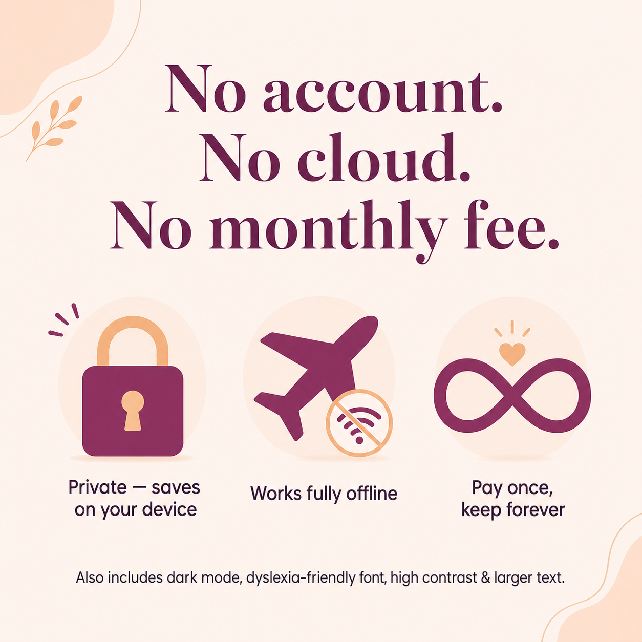 Private and offline cleaning planner — saves on your own device with no account, no cloud and no monthly fee
