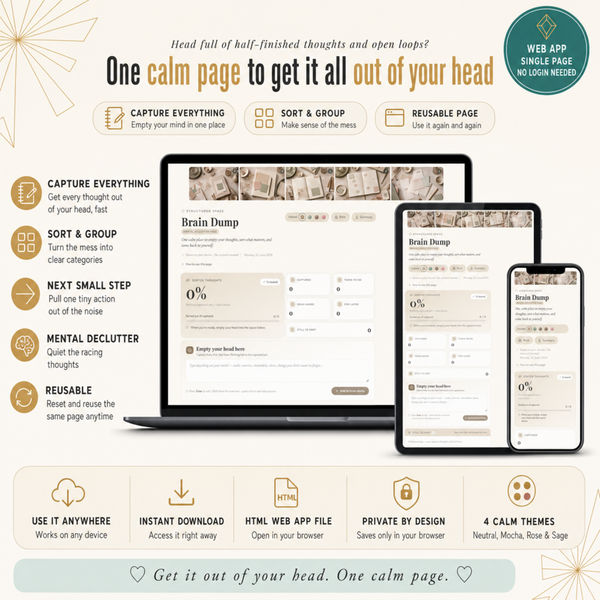 Brain Dump Planner | Calm Single-Page Web Planner for a Busy Mind | ADHD-Friendly