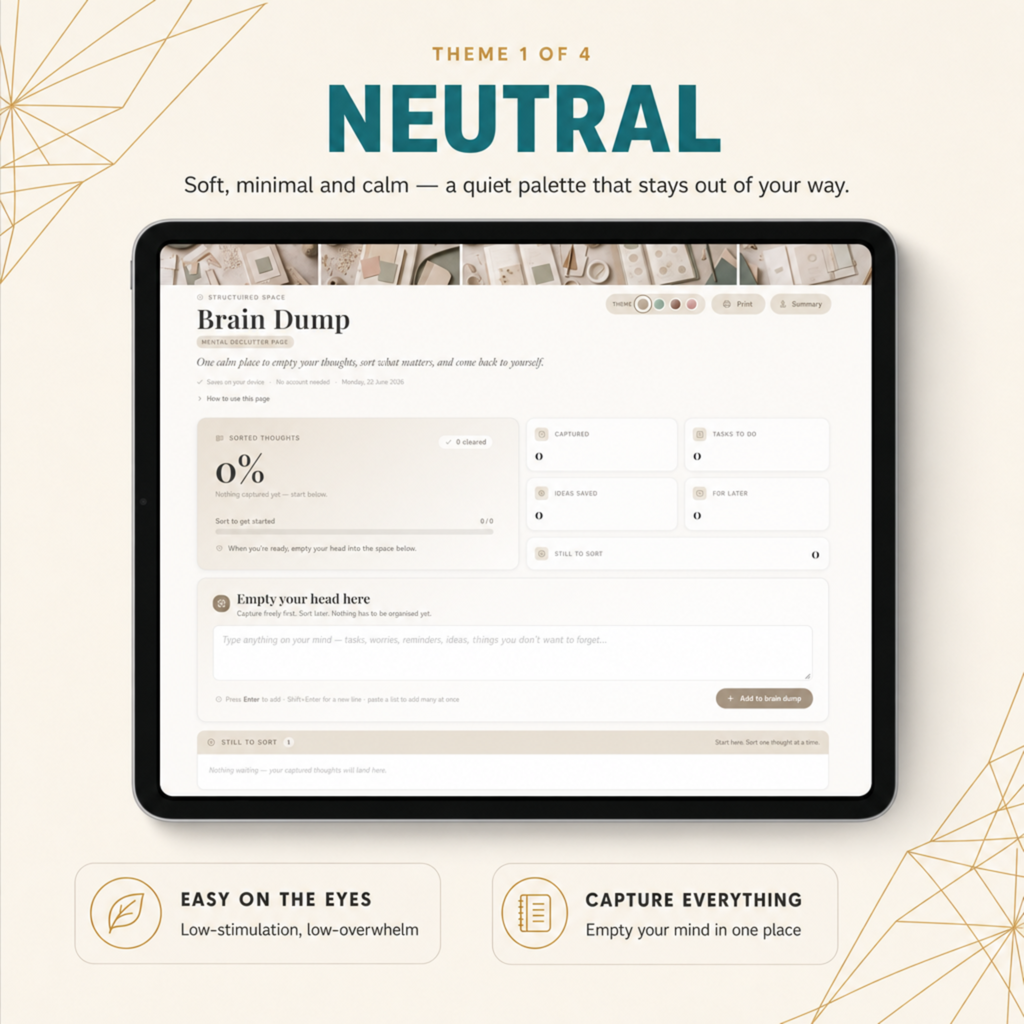 Brain Dump Planner — calm colour theme showcase for the digital web planner