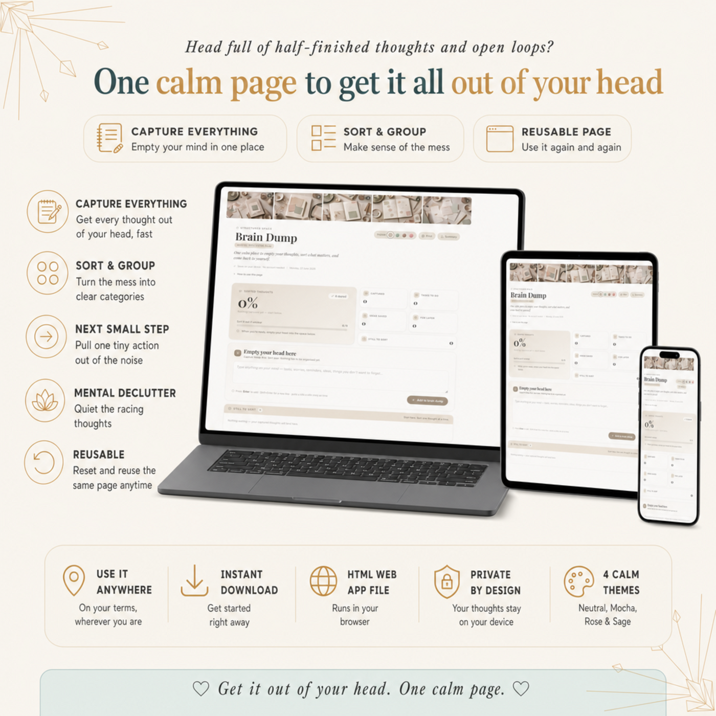 Brain Dump Planner — capture and sort thoughts shown on a tablet