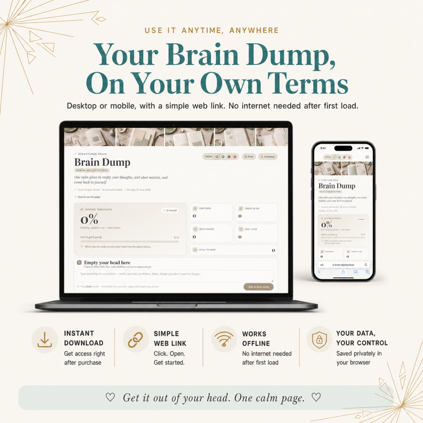 Brain Dump Planner — thought sorting and next actions shown on a laptop