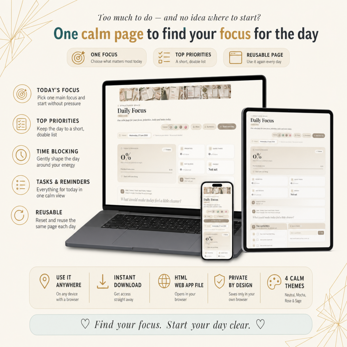 Daily Focus Planner | Reusable Single-Page Digital Web Planner