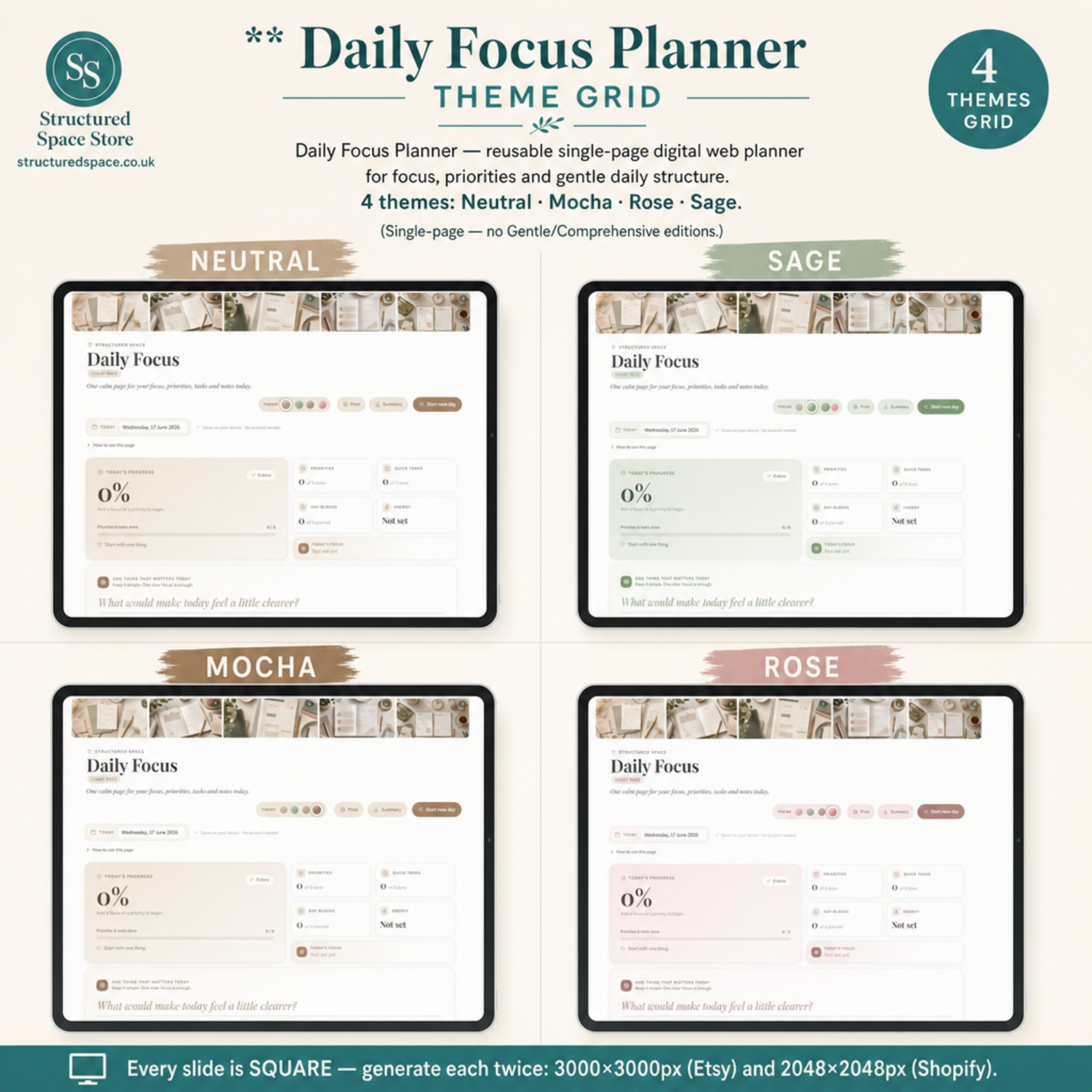Daily Focus Planner | Reusable Single-Page Digital Web Planner