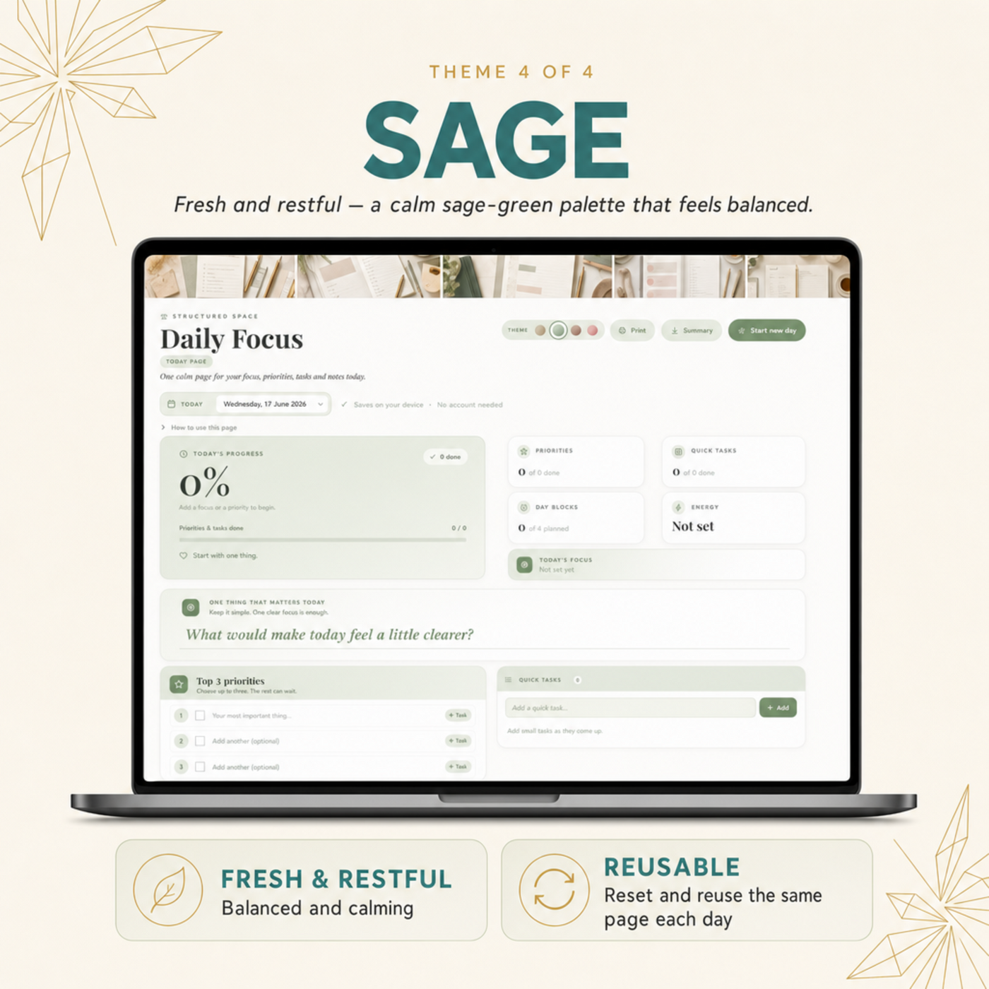 Daily Focus Planner | Reusable Single-Page Digital Web Planner