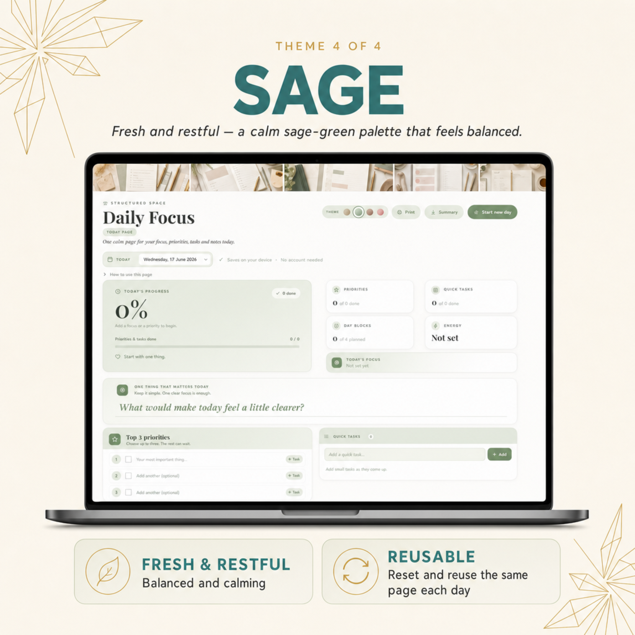 Daily Focus Planner | Reusable Single-Page Digital Web Planner