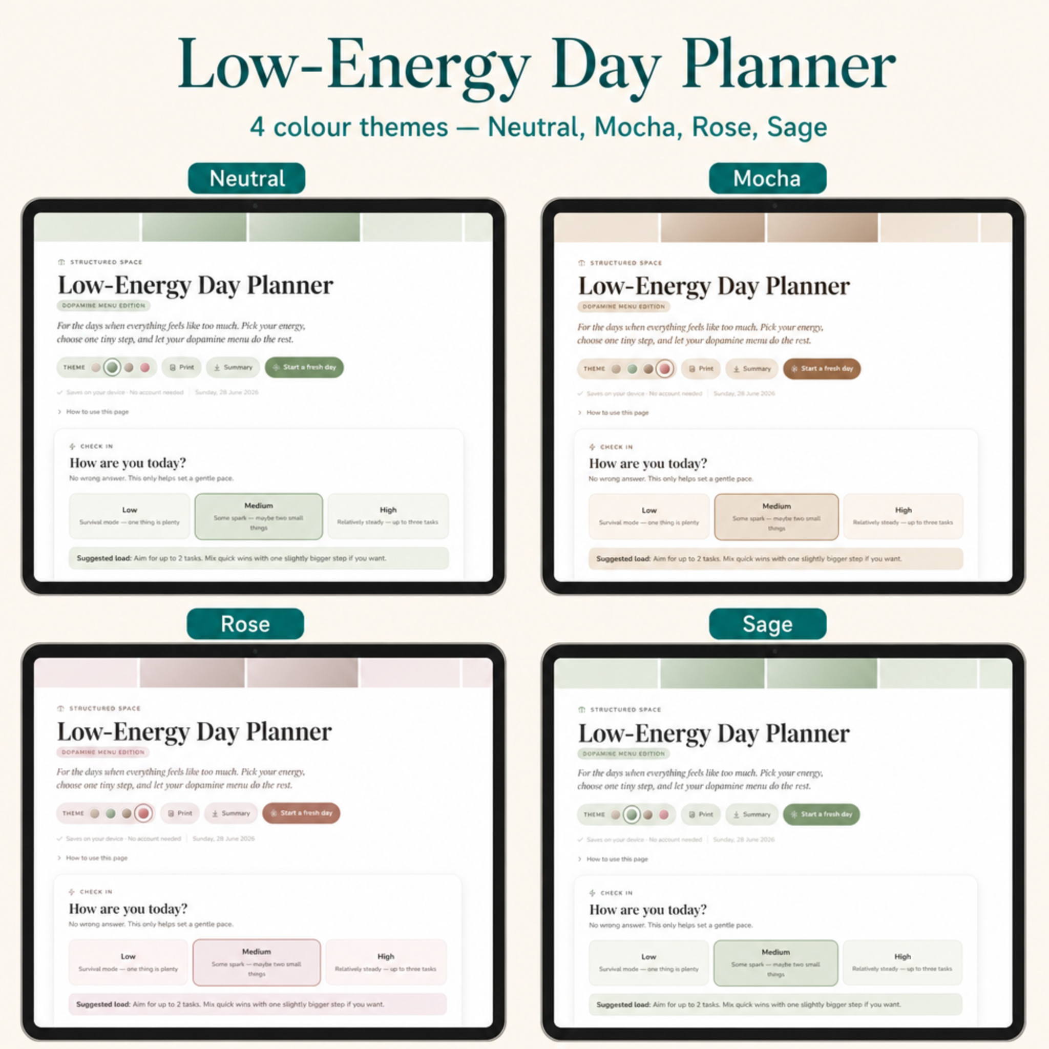 Low-Energy Day Planner — Dopamine Menu Edition | Gentle Digital ADHD Planner