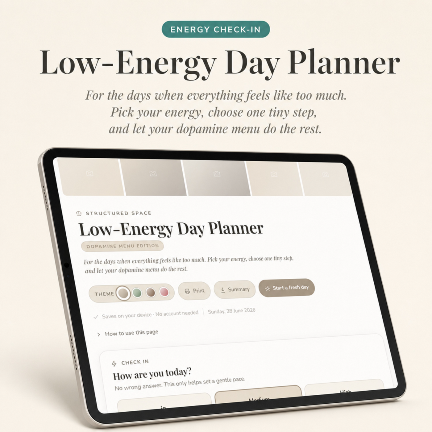 Low-Energy Day Planner — Dopamine Menu Edition | Gentle Digital ADHD Planner