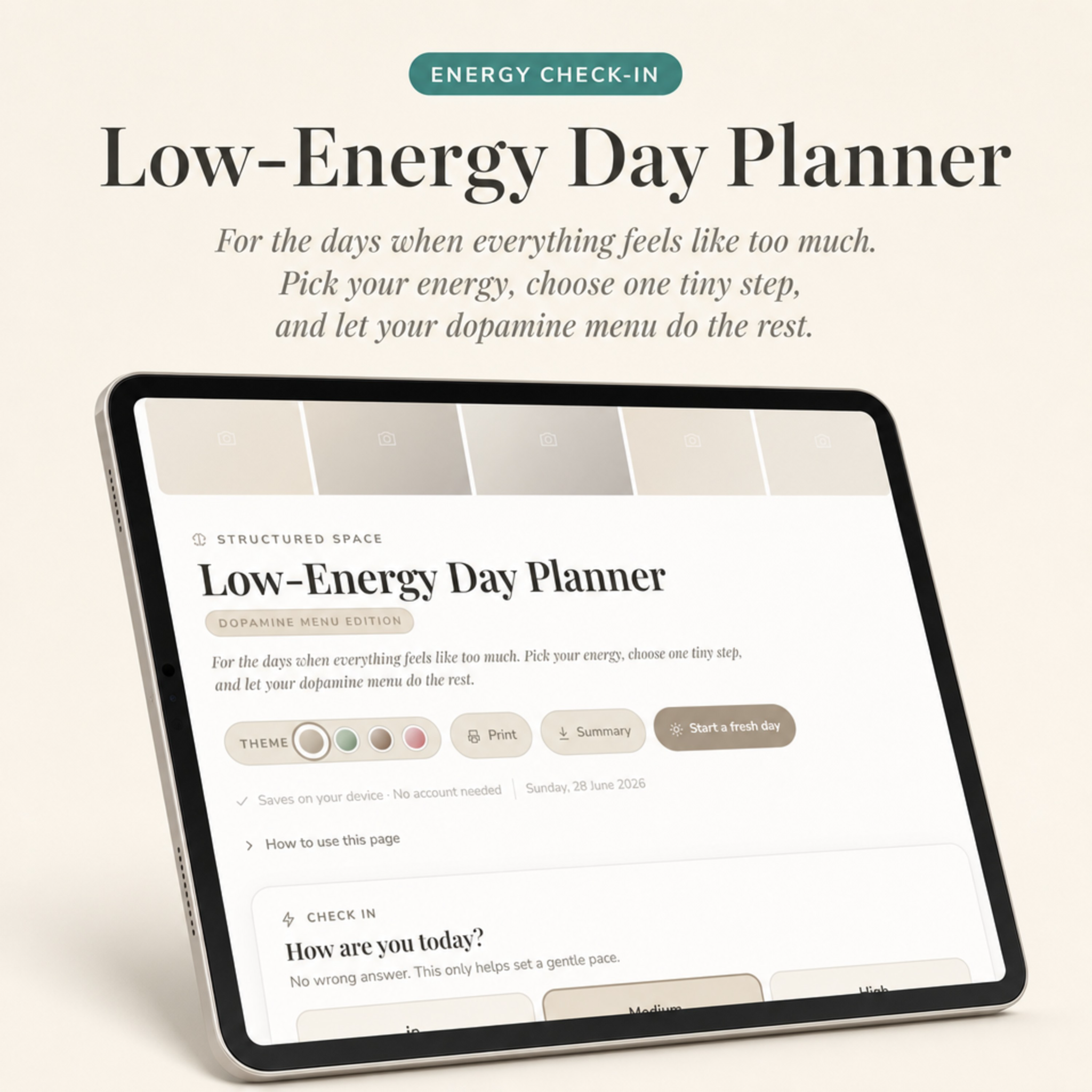 Low-Energy Day Planner — Dopamine Menu Edition | Gentle Digital ADHD Planner