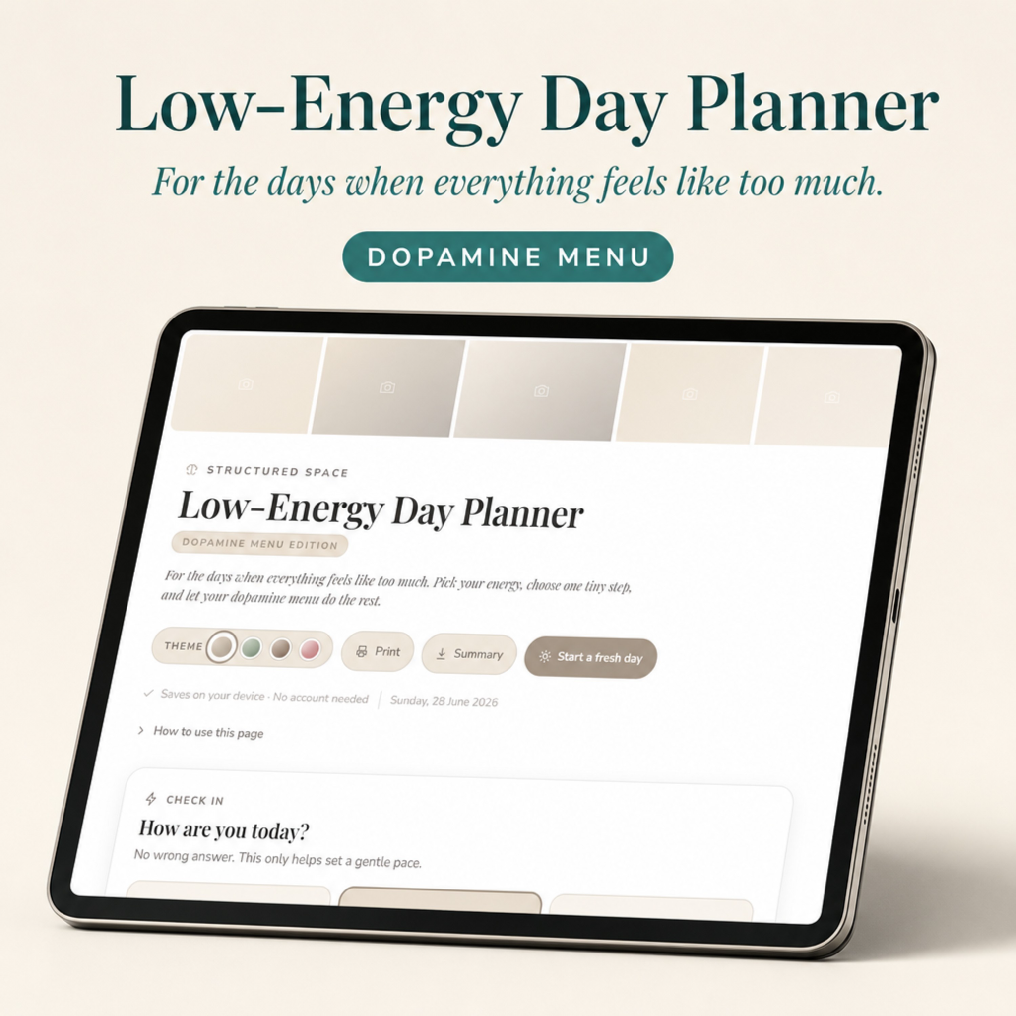 Low-Energy Day Planner — Dopamine Menu Edition | Gentle Digital ADHD Planner