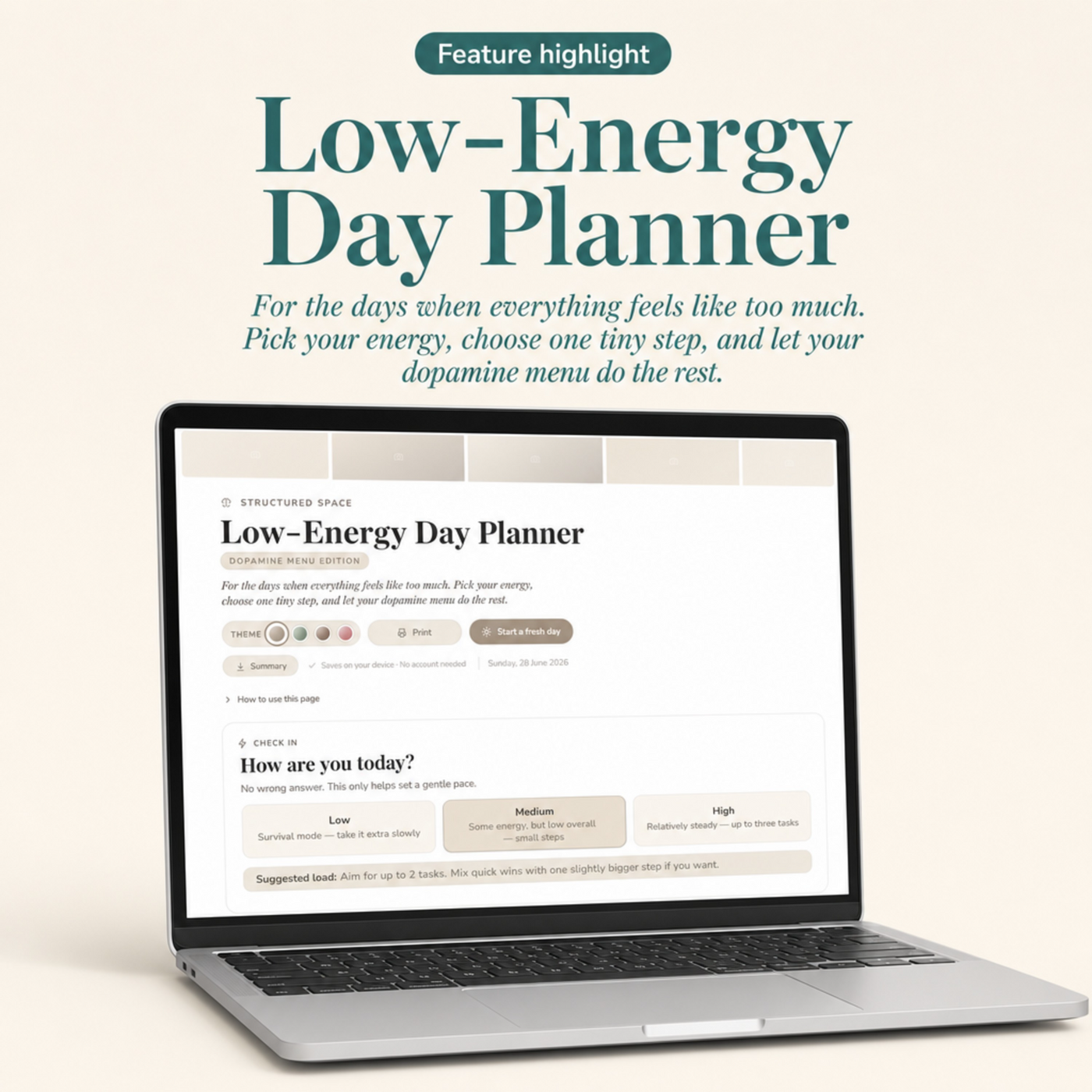 Low-Energy Day Planner — Dopamine Menu Edition | Gentle Digital ADHD Planner